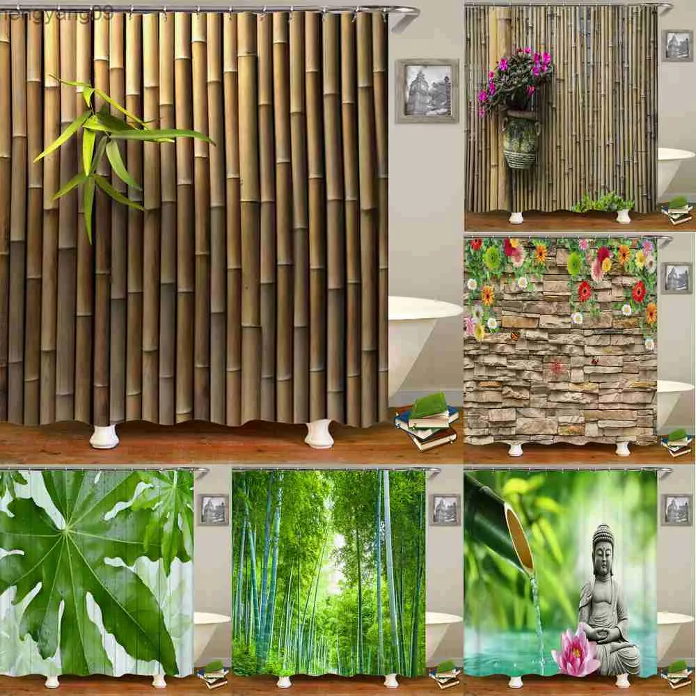 Douchegordijnen Hoogwaardige groene bamboe stofdouche Gordijn Waterdichte plantenbladeren Badgordijnen voor badkamer Decoreren met R230822