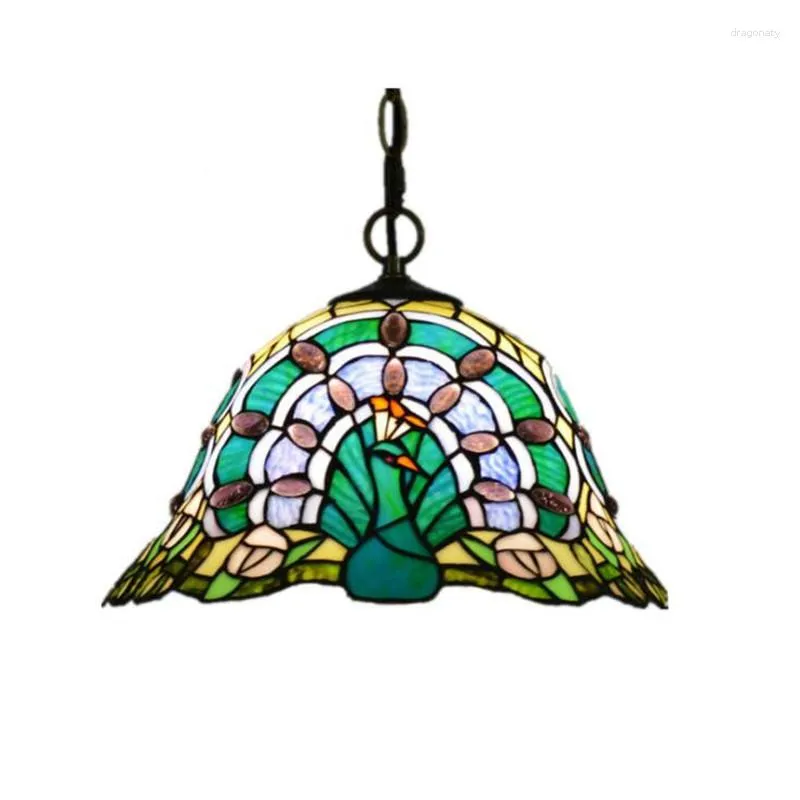 Lâmpadas pendentes de 12 "Tiffany Green Peacock Lamp com corrente para restaurante Restaurant Sala de jantar Varanda Vintage Suspensão Retro 1182