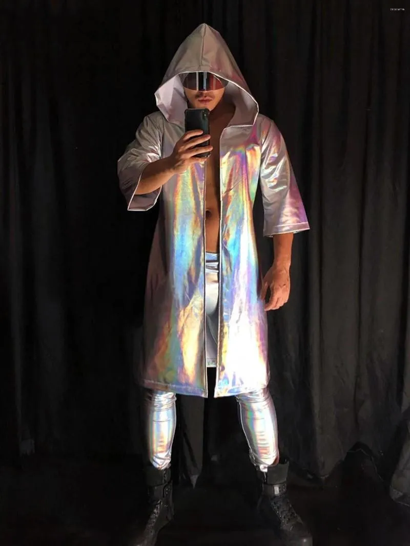 Bühnenbekleidung männlicher Nachtclub Gogo Tanzkostüm Silber Laser PU Ledermantel Stange Kleidungshose Muskelmann Tänzer Rave Outfit