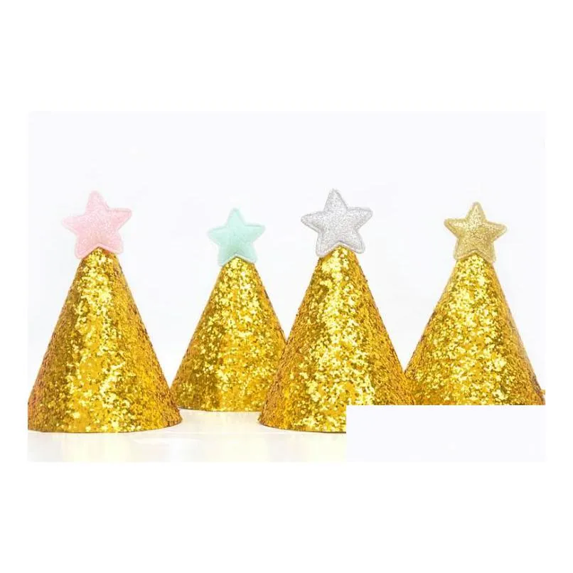 Party Hats Sparklehaus Glitter Top - Adt/Kids Caps W/ Golden Shine Mini Cone Shape Perfect For Weddings Birthdays P Os Drop Delivery Dhqhc