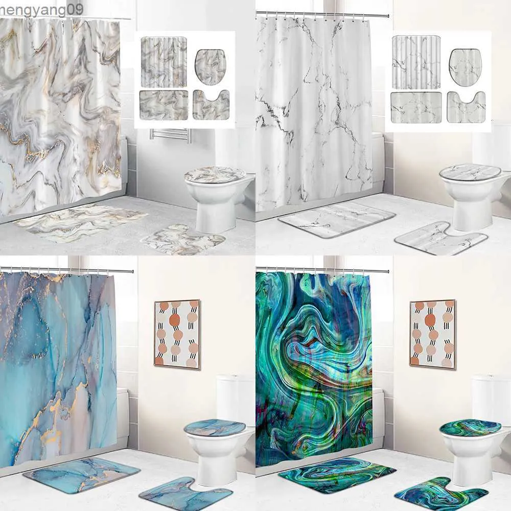 Shower Curtains Art Marble Pattern Golden Waterproof Shower Curtain Set Cover Mat slip Bath Rugs Home Bathroom Carpet Christmas Decor R230822