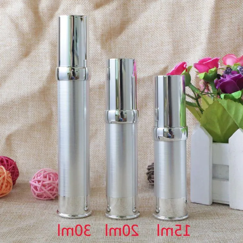 Zilveren vacuüm luchtloze reisflessen 15 ml 20 ml 30 ml vloeibare make -up lege verpakkingscontainers 100 stcs groothandel cinmd