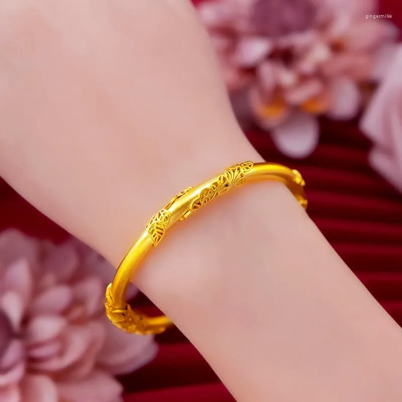 Bangle Vietnam hart Gold gefälscht 999 lang anhaltende Farbblätter Armband Lotus Blume Acacia Vine Antike Frau