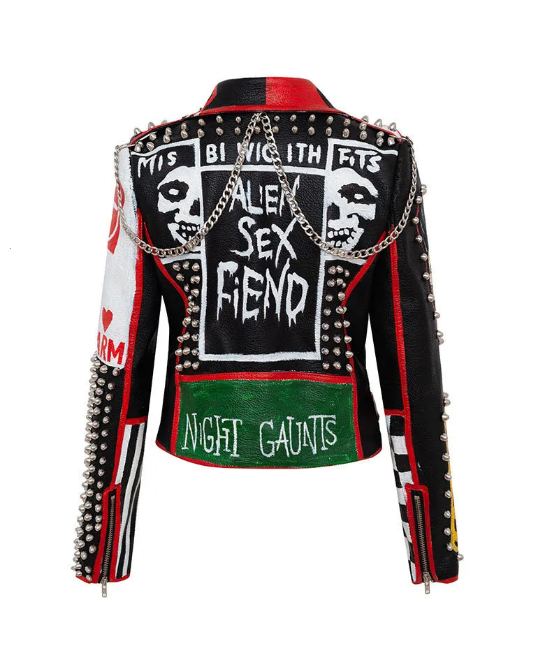 【未使用】round short fake leather jacket Faux Leather Short Jacket for Women: Punk Style Graffiti