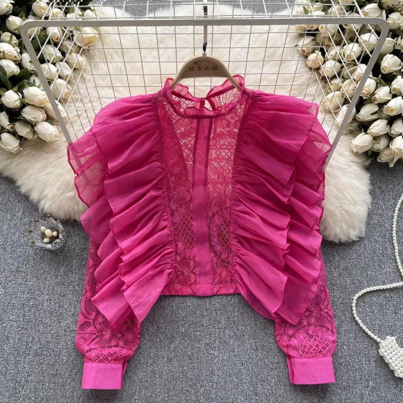 Blusas De Mujer Office Lady Camisa De Encaje De Retazos Con Volantes De Manga Larga Para Usar Tops De Cuello Redondo De Perspectiva De Moda De Verano De 23 97 DHgate