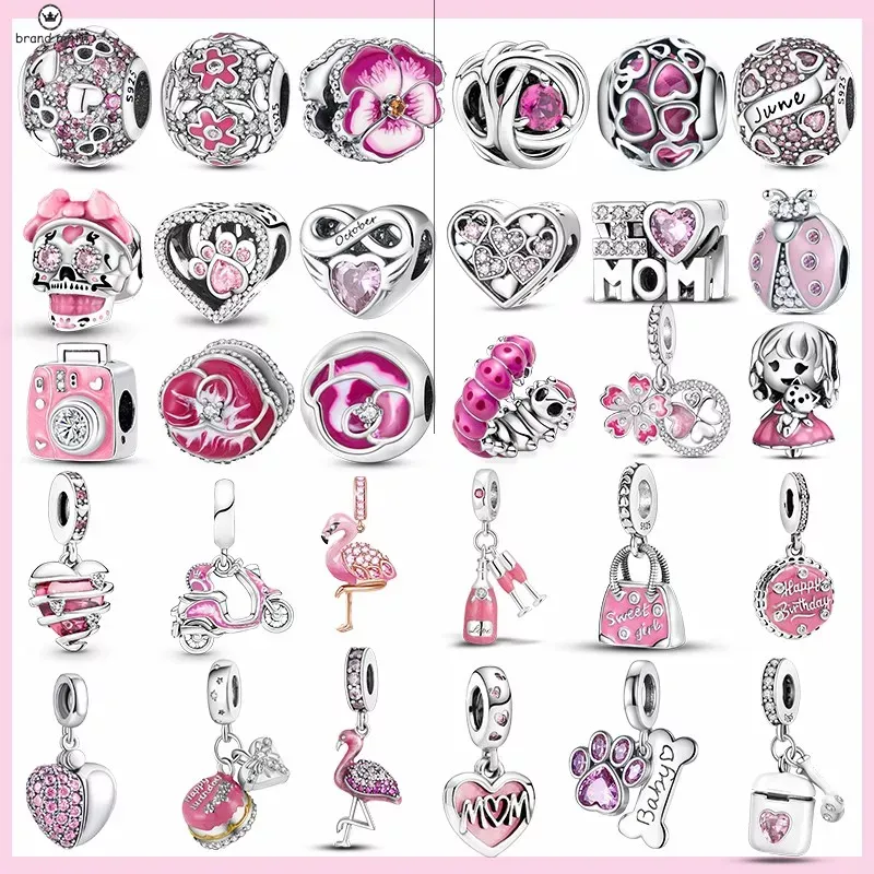 925 Silver for Pandora Charms Jewelry Jewelry Beads 925 Bracelet Pink Color Flamingo Charm Flower Skull Heart Girl Dog Charms مجموعة قلادة DIY غرامة مجوهرات