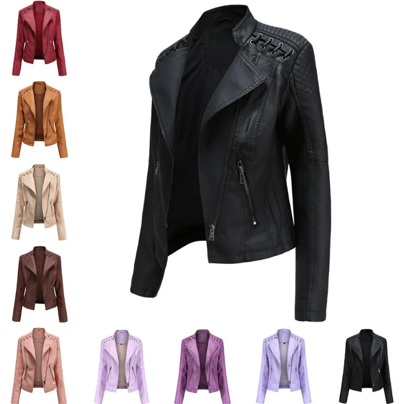 Chaqueta de cuero sintético con cuello vuelto para mujer, chaqueta de imitación de PU, chaqueta de lujo, abrigo de motociclista negro, rosa y rojo 230822