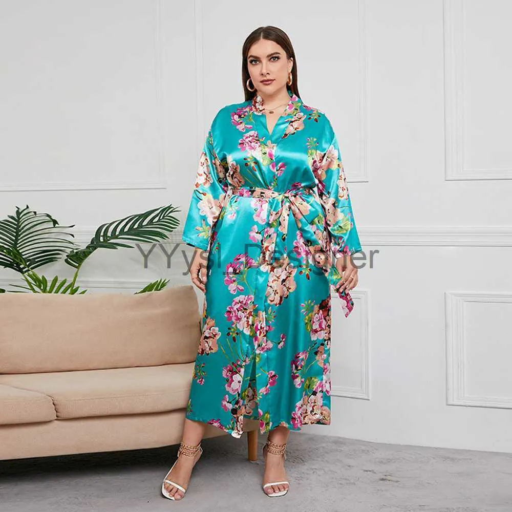 8813 Tissu de soie imit Satin Peignoir Femmes Sleep Night Wear Plus Taille Robe de maison Japon Style Fleur Points L opard Pleine manches x0822