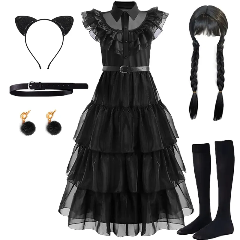 Cosplay Çarşamba Addams Cosplay için Cosplay Çocuklar için Kids Partisi Elbiseler Karnavalı Paskalya Cadılar Bayramı Kostümleri 5-14 Yıl 230818