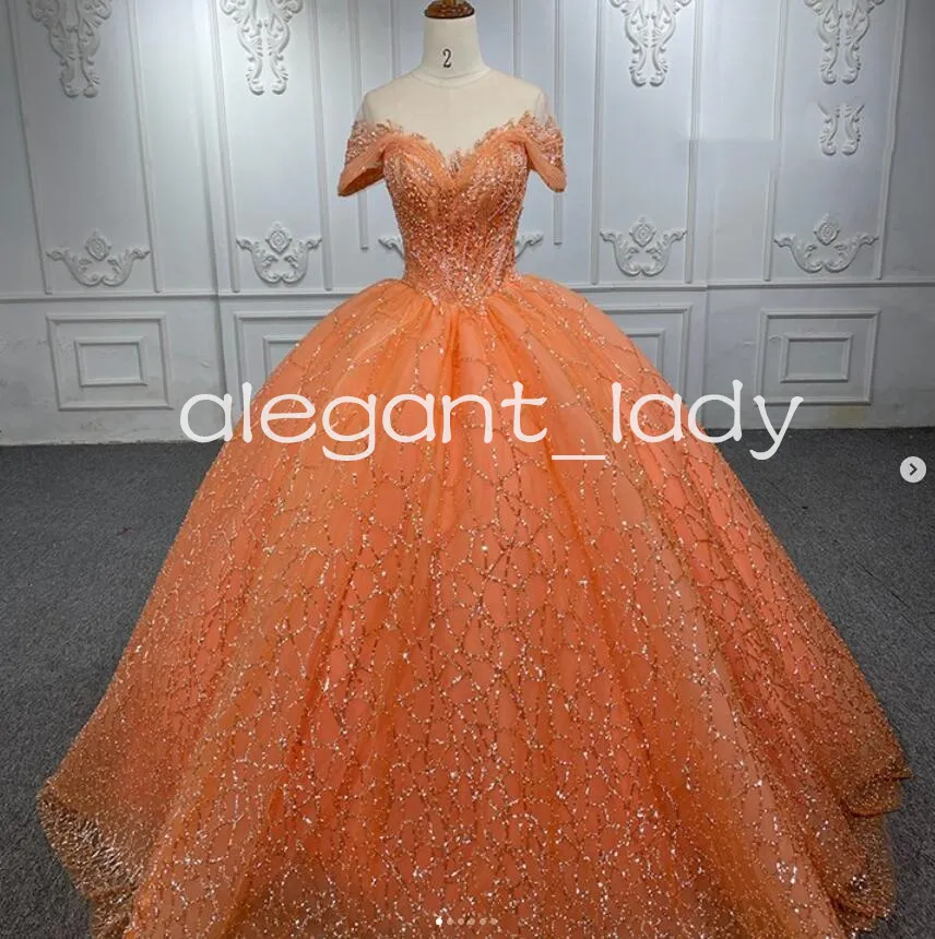 Orange col transparent princesse Quinceanera robes à manches courtes Gillter paillettes perlées à lacets Corset vestidos coing anos