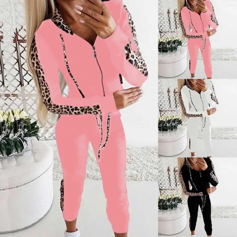 Women's Two Piece Pants Women Hooded Tracksuit Sports 2 Pieces Set Leopard Print Sweatshirts Pullover Hoodies Suit Sweatpants Trousers