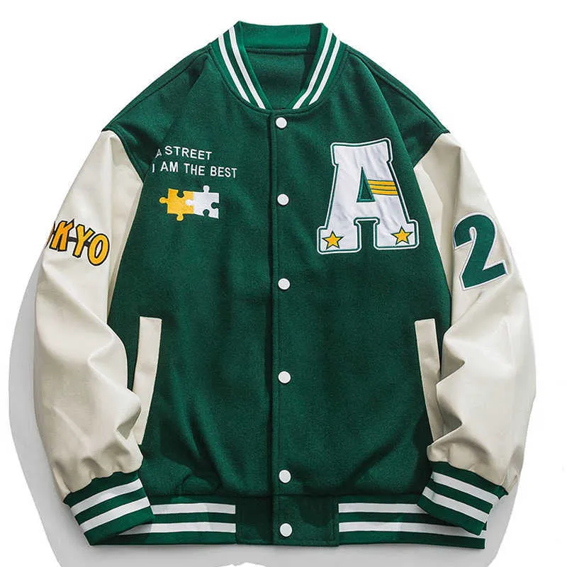 Herrjackor hiphop män varsity jacka pusselbrev broderi lapptäcke retro jacka vårkvinna pu läder bombplan päls herrkläder J230821