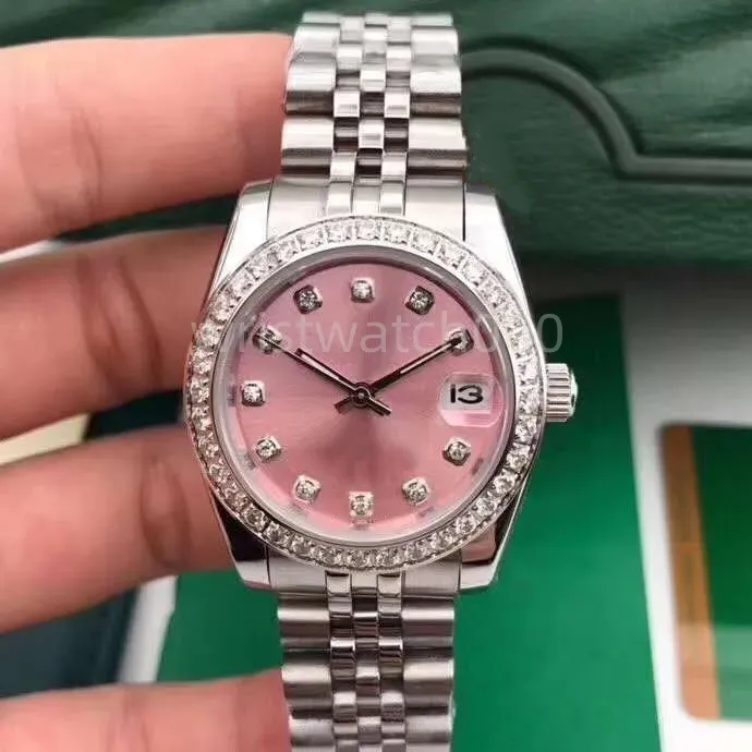 Tittar högkvalitativt mode kvinnor titta på mekanisk automatisk 36mm diamant bezel safir rosa damer klockor designer ss stålband armbandsur montre montre