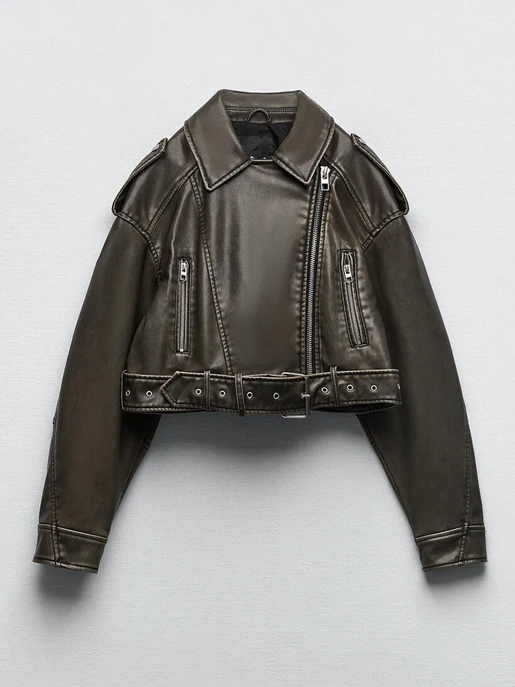 Womens Faux Leather Biker Jacket, Vintage Moto Short PU Coat