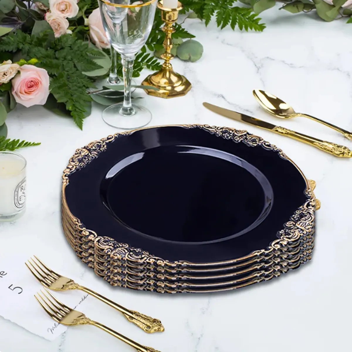 DHgate Luxury Beaded Plastic Charger Plates White Silver Gold Wedding Event Decor Wholesale Bulk 33cm Diameter Home Garden