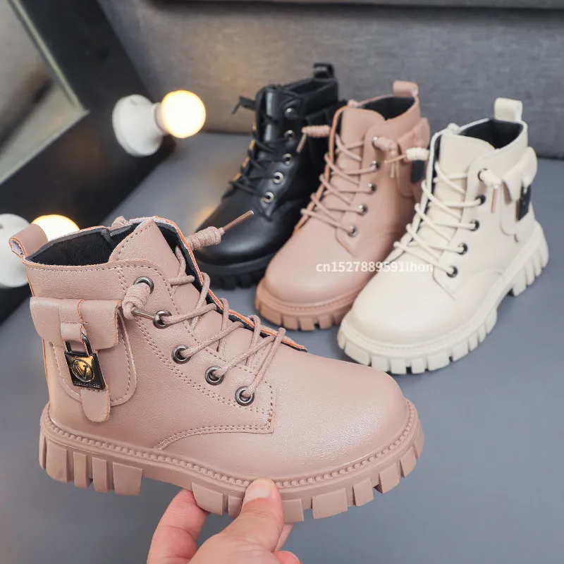 Buty jesień i zimowe dziewczyny kostki moda moda bez poślizgu chłopcy pu skóra krótkie buty Dzieci Korea Buty Fall Toddler Girl Boots 230821