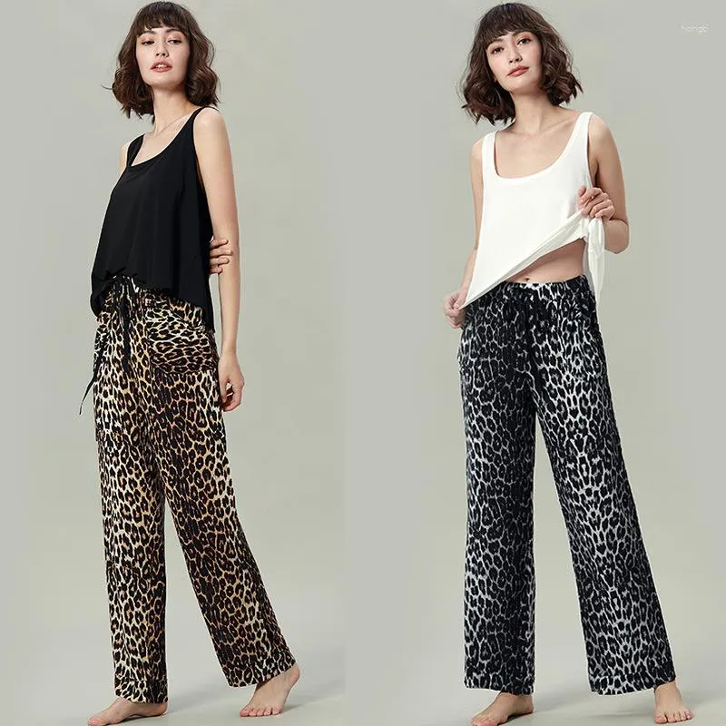 Kvinnors sömnkläder vår sommarväst byxa pyjamas kostym kvinnlig leopard casual 2 st hemkläder lös intim komfort nattkläder