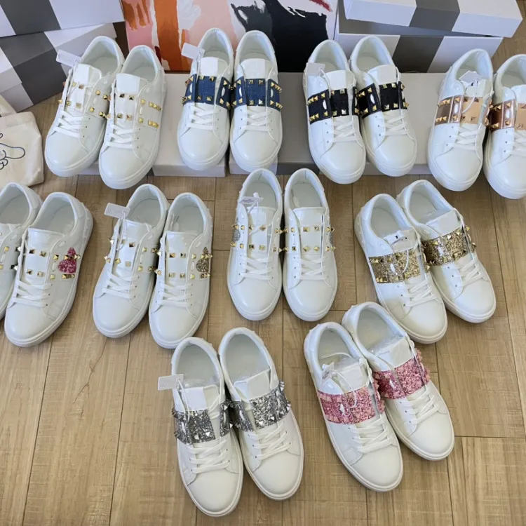 7A OPEN Designer Chaussures Femmes Casual Chaussures Veau Paillettes Rivet Baskets Vintage Luxe Coupe Basse Plat À Lacets En Plein Air Dames Amour En Forme De Boucle Baskets