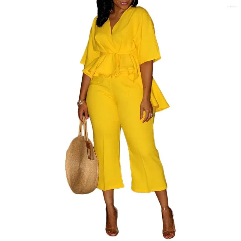 Kvinnors tvåbitar byxor Kvinnor Matchande Set Solid Color Ruffle Top Fashion Yellow Trousers African Suit Spring Femme 2023 Ankomster