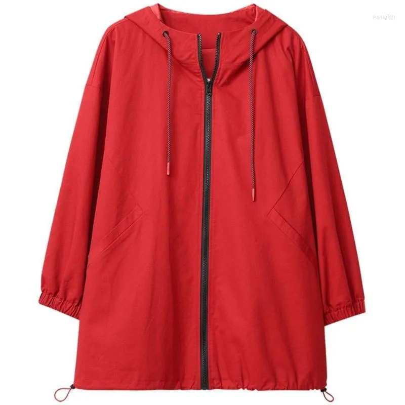 Kvinnors trenchrockar Spring Autumn Short Windbreaker Women 2023 Drawstring Hooded Coat Röd Löst ytterkläder Fashion Pocket Overcoat Kvinna