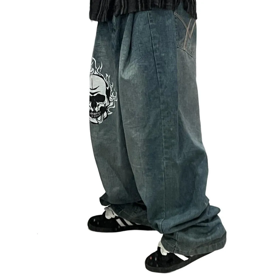 Mens Harajuku Hip Hop Y2K Baggy Jeans Graphic Print Black Denim