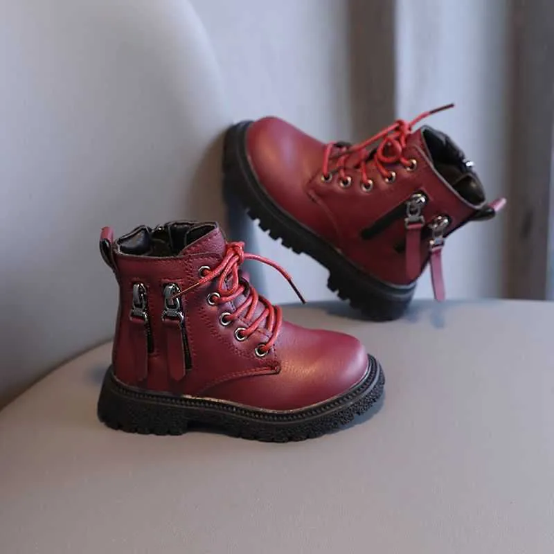 Boots Child Ankle Boots Winter Leather Shoes Toddler Girl Boots Double Zip Platform Girls Sneakers Red Fashion Casual Shoes R230822