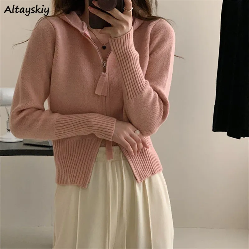 Women's Knits Tees Hooded Cardigan for Women Zip Up 4 Colors Harajuku Long Sleeve Solid Sweet Cute Knitwears Sweaters Females Retro Leisure Autumn 230821