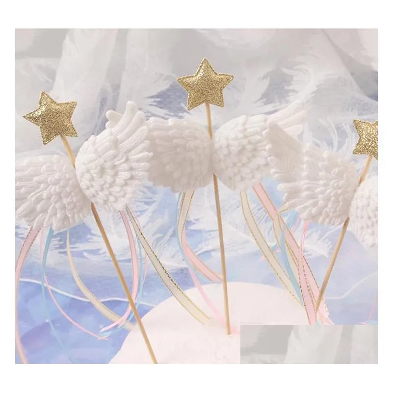 Party Decoration Angel Wings Satin Tassel Cupcake Toppers - Elegant Baby Shower Cake Decor With Little Star Design In White Pink Blu Dhyfx