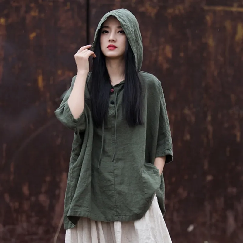 Women's Hoodies Sweatshirts Yasuk Summer Casual Shirts Pullover Loose Tees Gentle Heart Sport Cotton Linen Hooded Tea Coat Solid Chinese Style Retro 230822