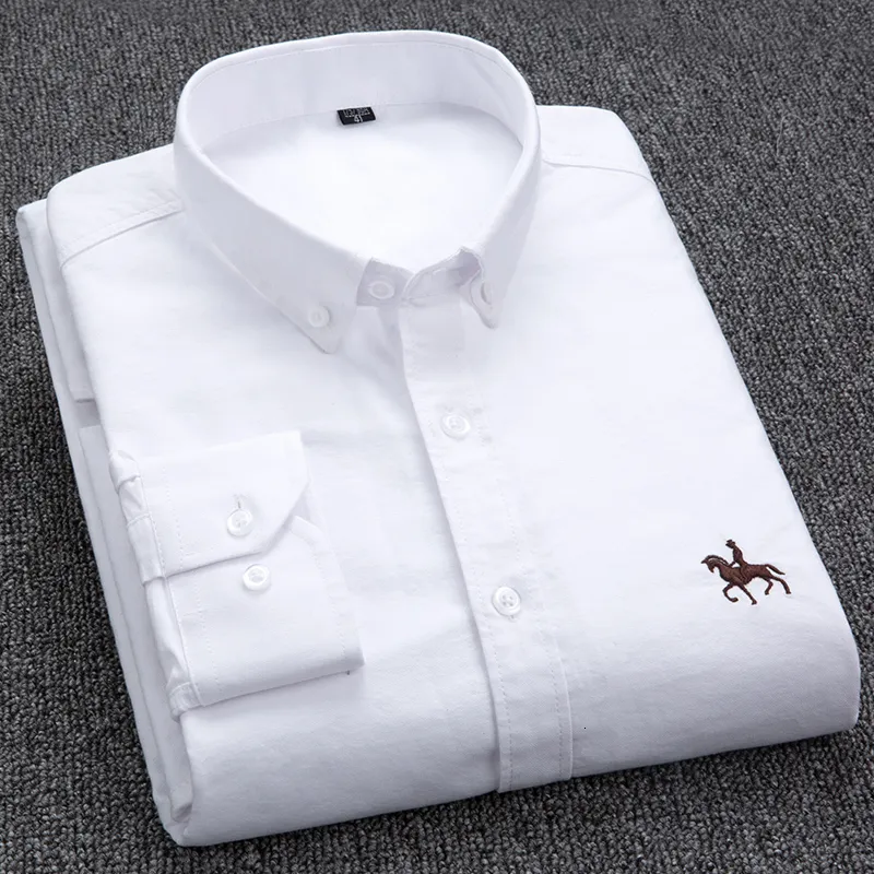 Men's Casual Shirts 100 Cotton Oxford Shirt Long Sleeve Embroidered Horse Without Pocket Solid Yellow Dress Men Plus Size S6XL 230821