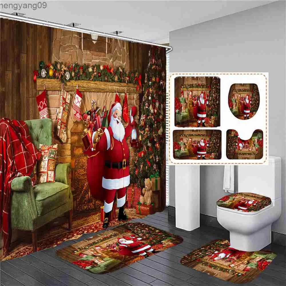 Cortinas de ducha Feliz Navidad Cortina de ducha impresa roja Cortinas de baño Decoración del festival Alfombra de pedestal Cubierta de tapa Alfombra de baño R230822