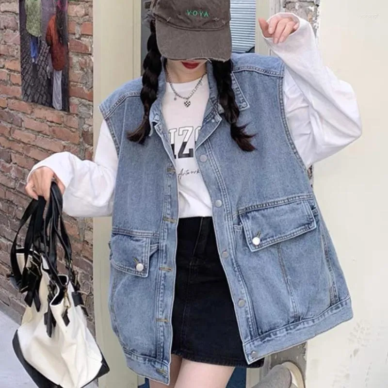 Women's Vests Woman Denim Vest Women Jean Sleeveless Jacket Female Black Long Waistcoat For Ladies Big Pocket Coat G407