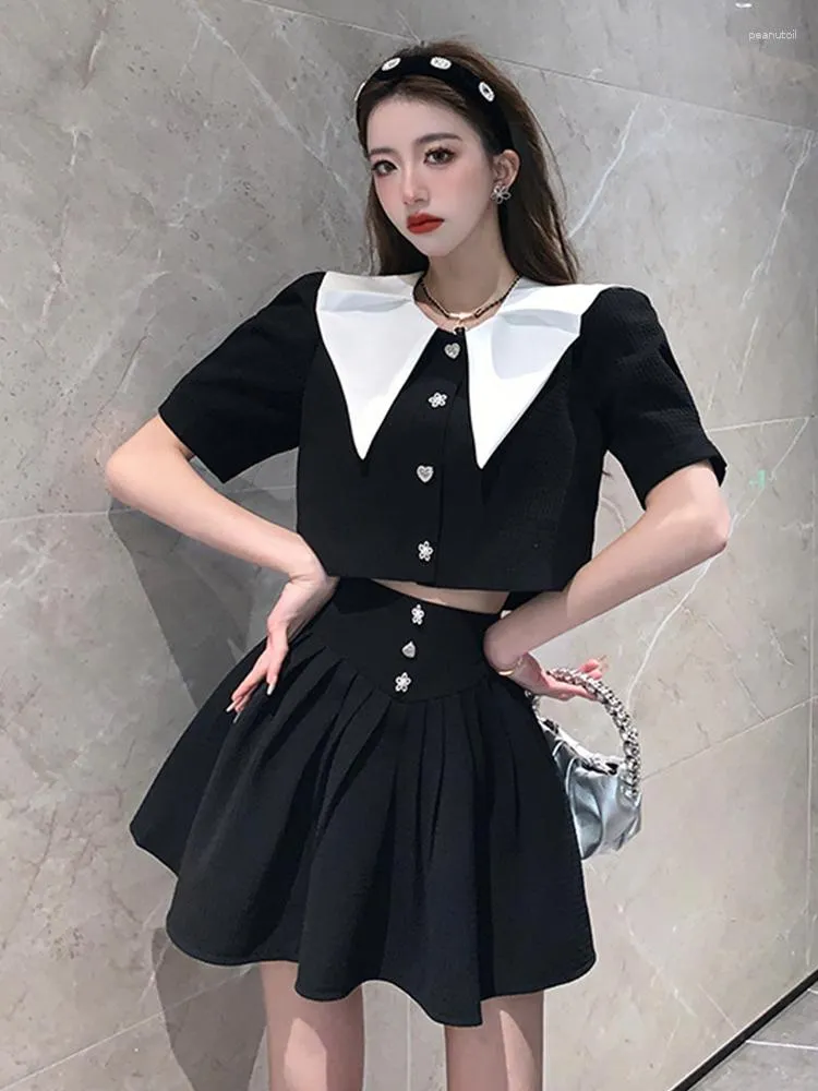 Work Dresses Fashion Summer 2 Pieces Outfit Women Sweet Retro Short Cropped Tops Shirt Blouse High Waist Mini Skirt Mujer Set Street