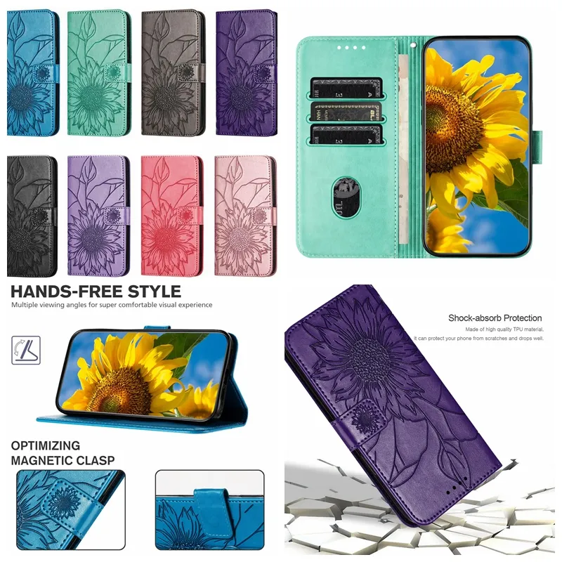 Sunflower Flower PU Portafoglio in pelle per iPhone 15 14 Plus 13 Pro Max 12 11 xr XS 8 7 6 Fashion Luxury Card Card Tash Tash Flip Cover Copertina per telefono cellulare Borsa