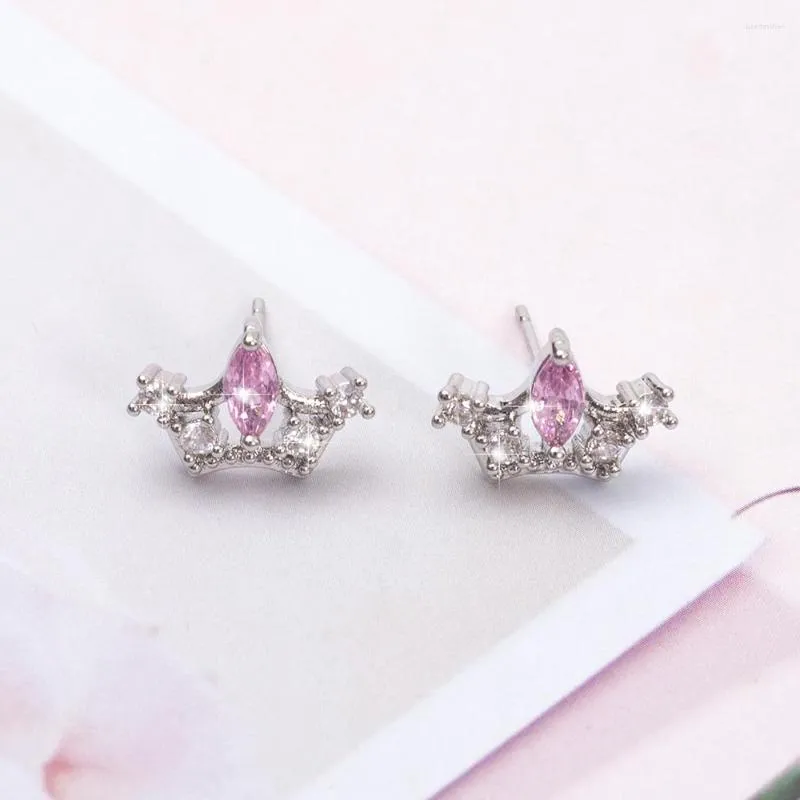 Stud Earrings Korean Fashion Crown Pink Zircon For Women Personality Temperament Cute Trending Products Party Gift Girls Jewelry