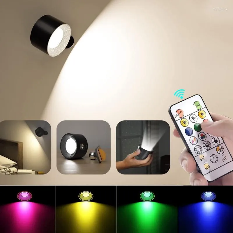 Wall Lamp LED With Remote Control Rgb Color Magnetic Dimming And Punching Free Usb Rechargeable Touch Bedside Reading