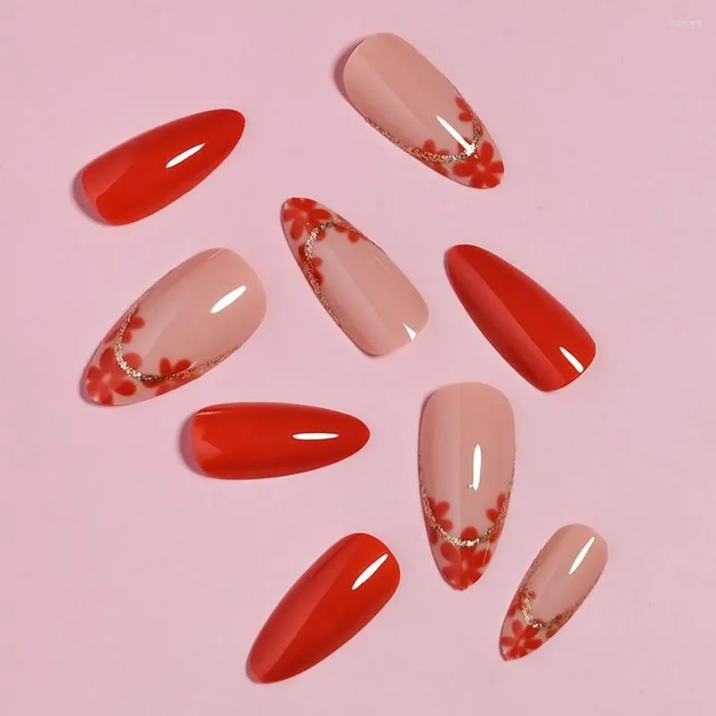 False Nails 24pcs/box Acrylic Almond Press On Fashion Full Cover With Designs Red Flower Nail Tips Medium Fake Girl