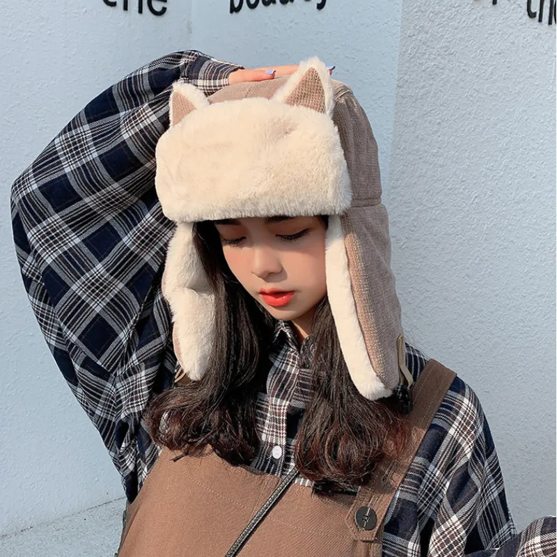 Beanie/Skull Caps Winter Women's Hat Thicken Warm Ear Protection Bomber Cap Fashion Balaclava With Ears Beanie Caps Russian Windproect Hats 230822