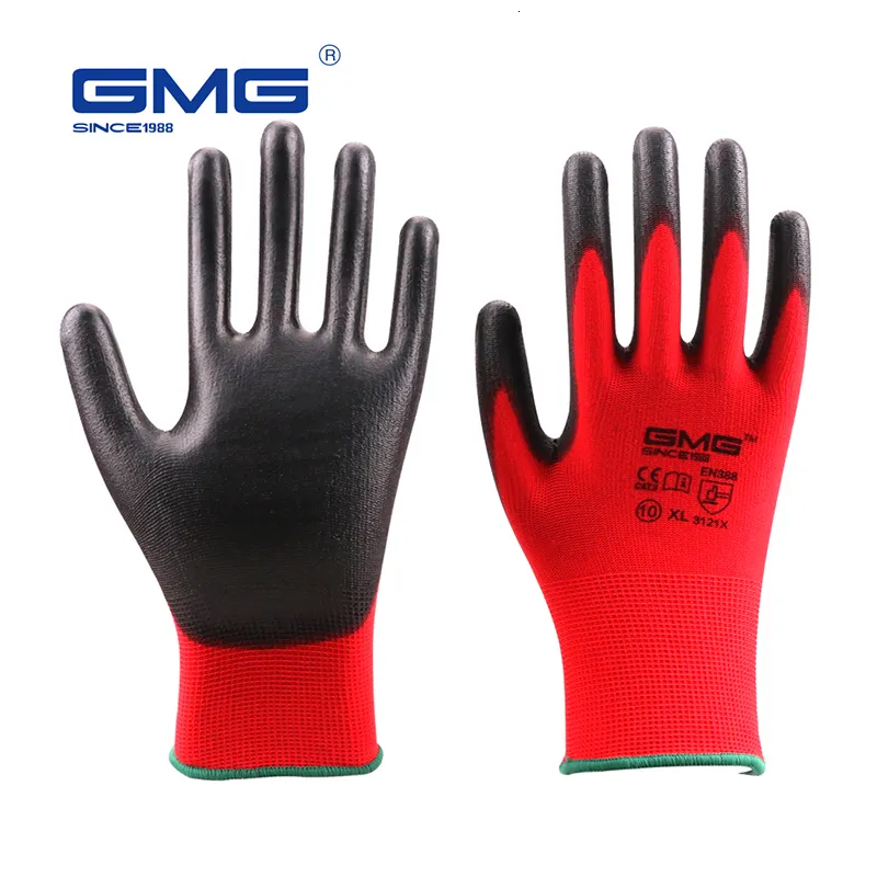 Five Fingers Gloves 6 Pairs GMG CE Certificated EN388 Red Polyester Black PU Work Safety Gloves Mechanic Working Gloves 230822