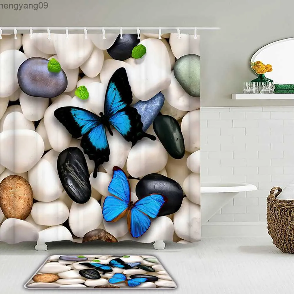 Shower Curtains Waterproof Shower Curtain Sets with Rugs Pebble Butterfly Bathroom Curtain with Non-slip mat Bathroom mat Decor R230822