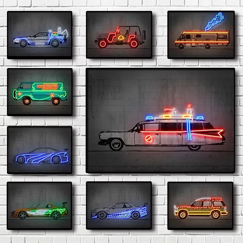 Retro Nordic Movie Car Neon Plakat und druckt Ästhetik verschiedene Fahrzeugmodelle Leinwand Malerei für Wandkunst Bilder Bar Cafe Wohnzimmer Dekor kein Rahmen wo6