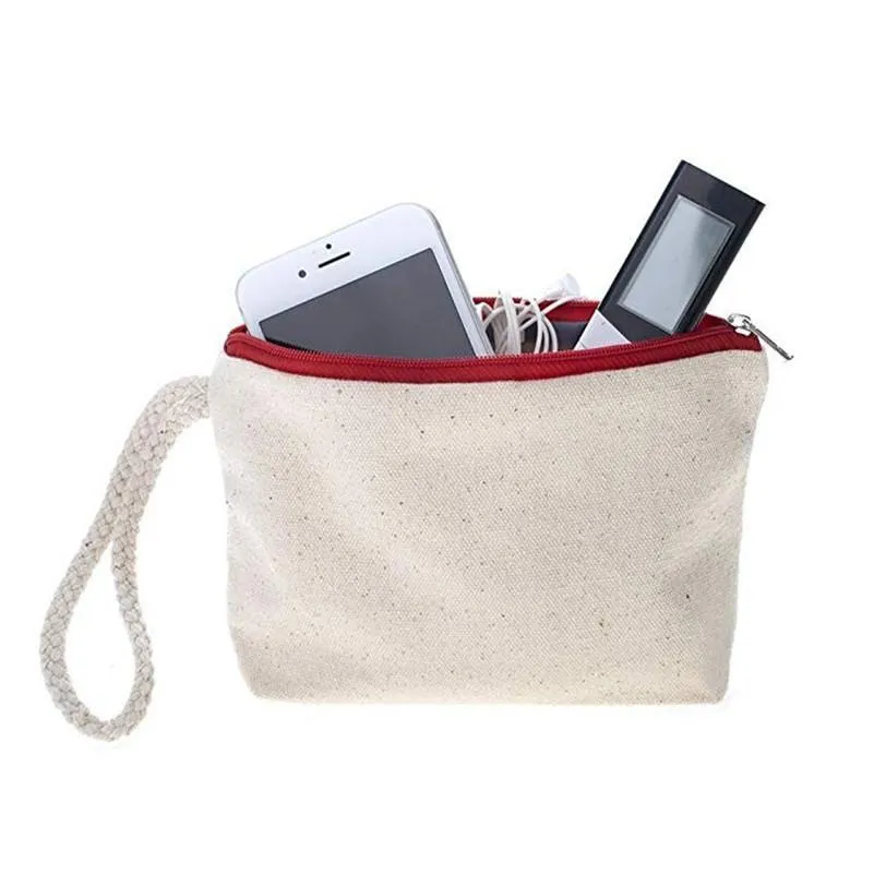 収納バッグ高品質の空白キャンバスジッパーポーチコットンコスメティックメイクアップ携帯電話バッグ
