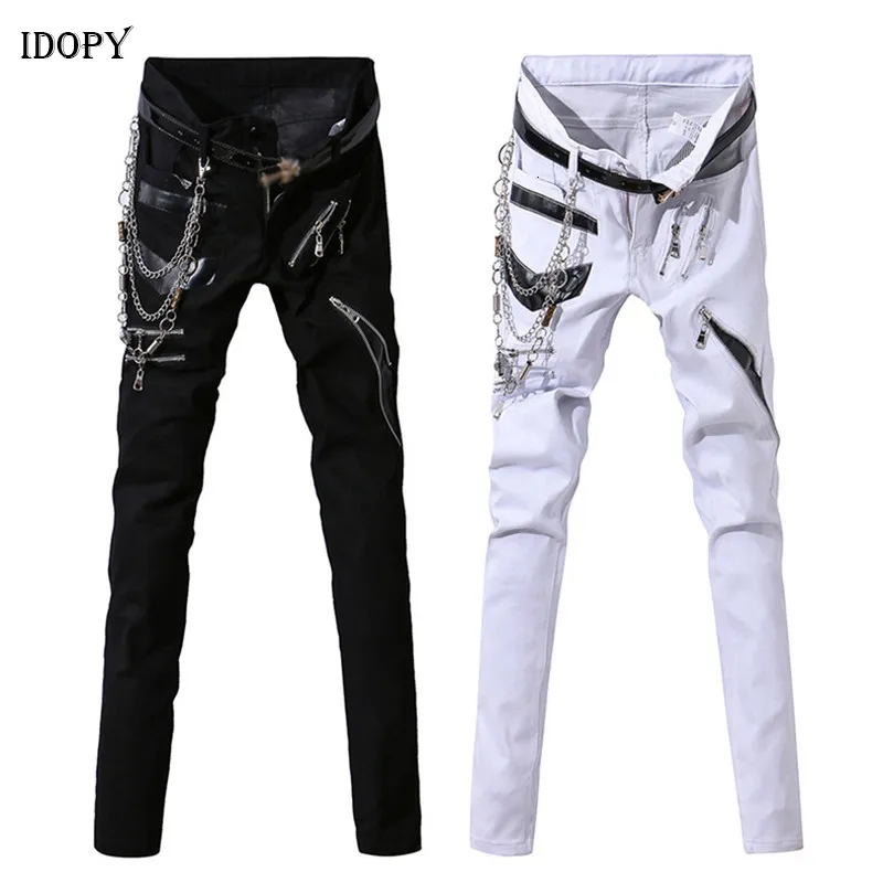 Męskie dżinsy idopowe hip hop z łańcuchem patchwork skórzana punk gotycka impreza Multi Zippers nocne spodnie dla mężczyzny 230822