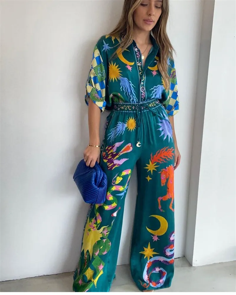 Women's Two Piece Pants Green Cartoon Print Long Pant Suit Women Elegant Turn Down Collar Shirts Loose Wide Leg Pants 2 Pieces Sets Women Outfits 230822