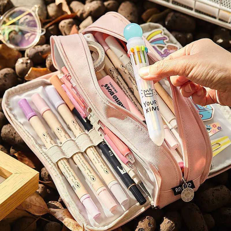 Learning Toys Angoo Cute Pencil Case Canvas for Girls Macaron Pencil Box Multilayer School Pouch Kawaii Pensil Case Pen Bag Storage Stationery