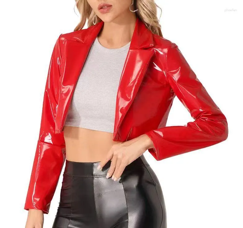 Casaco de festa de bar curto vermelho de couro feminino para menina sexy top motocicleta cintura exposta casaco elástico Pu Shiny Nightclub