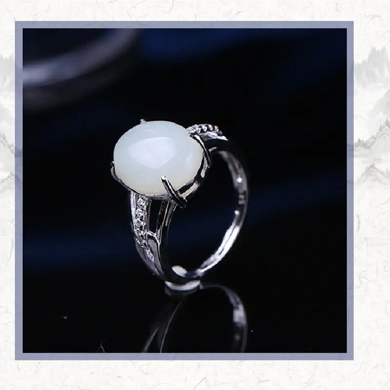 Clusterringe S925 Sterling Silber Laid Natural Hetian White Jade Ring Offener exquisiter Schmuck