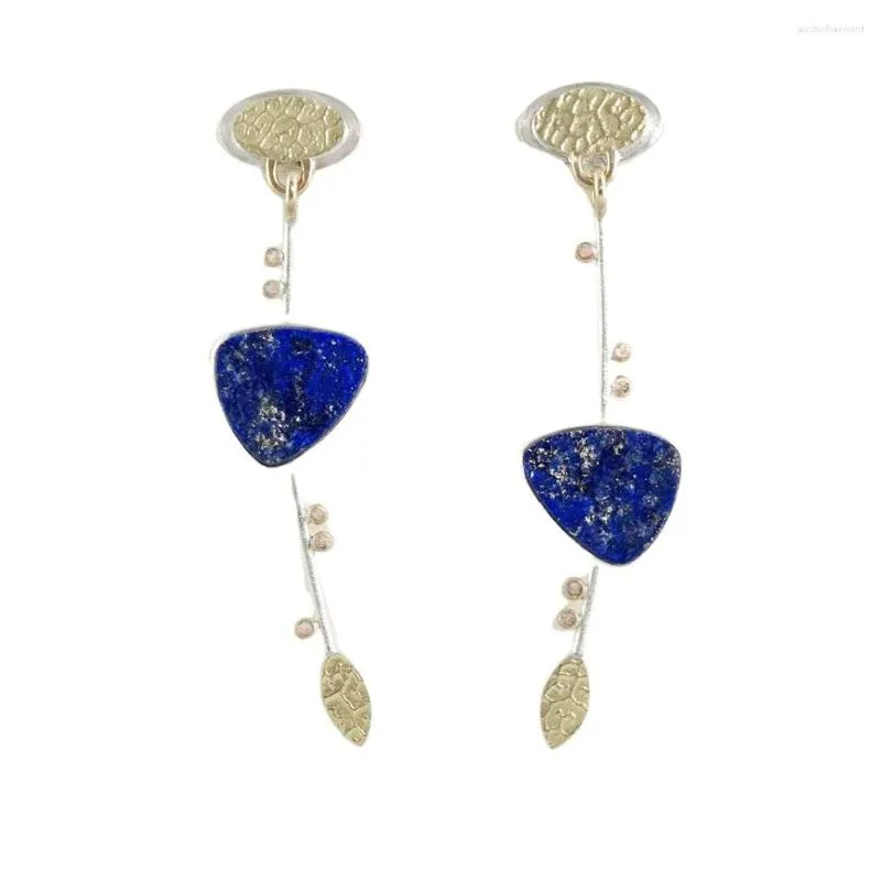 Bengelen oorbellen Boheemse antieke twee kleuren blad creatieve driehoek ingelegd met lapis lazuli drop mode overdreven sieraden