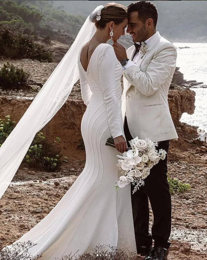 Simple Modern Crepe Mermaid Beach Wedding Dresses V-neck Long Sleeve Stain Bohemian Trumpet Bridal Outfit Gown