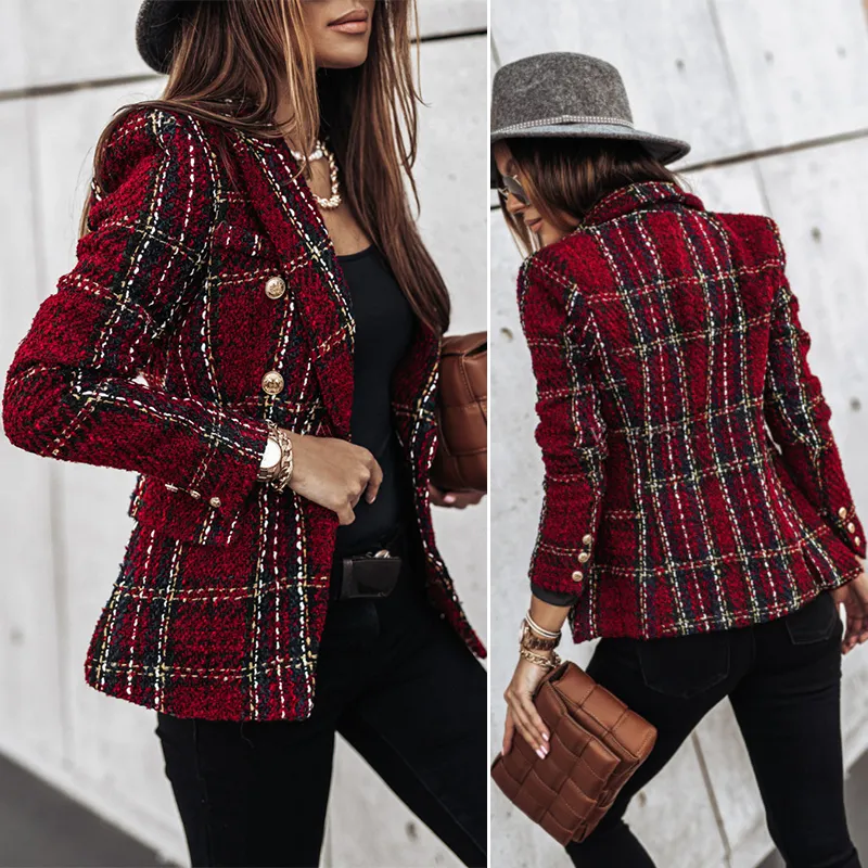 Women's Suits Blazers Double-breasted Printed Blazer Women Autumn Winter Office Chic Slim Long-sleeved Plaid Jacket Vintage Tweed Suits Ouerwear Plus 230822